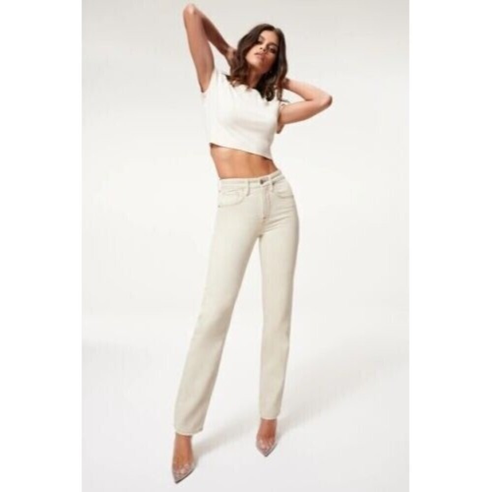 Good American Women Good 90's Icon Straight High Rise Bone Jeans 32